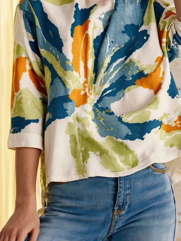 T-shirt ample boutonné imprimé fleur col rond