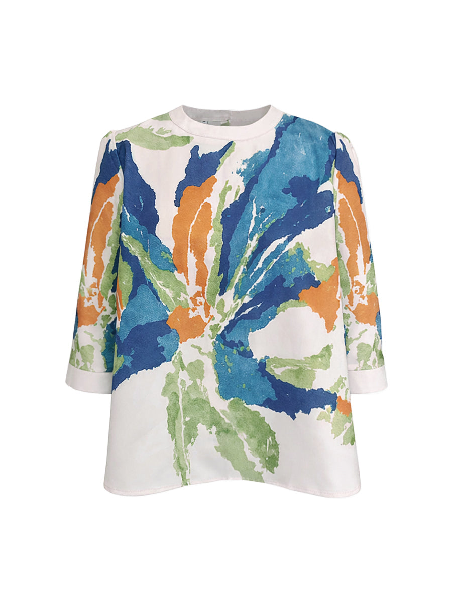 T-shirt ample boutonné imprimé fleur col rond