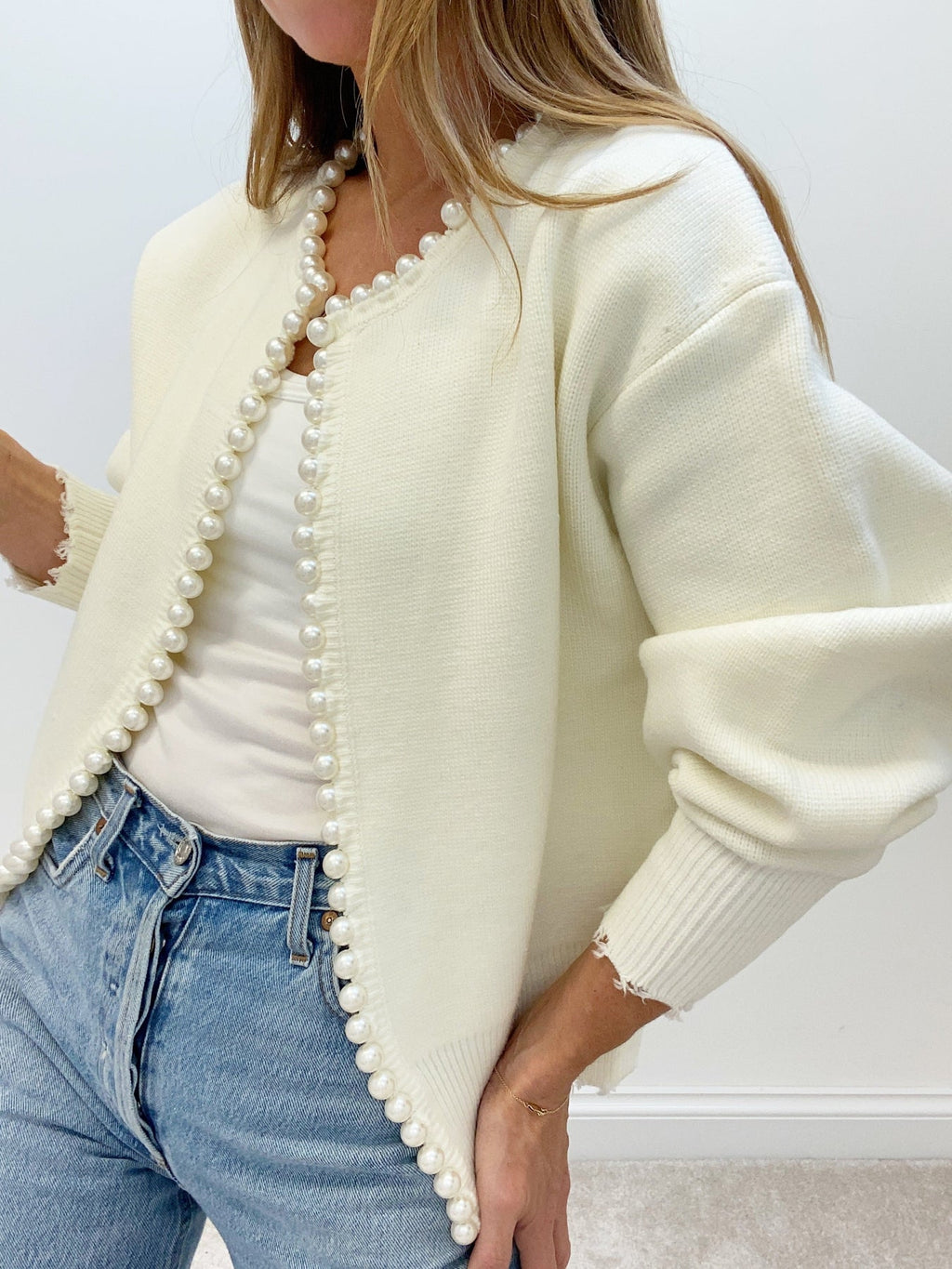 Cardigan Liseré Perles Ourlet Effiloché