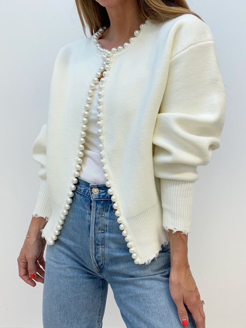 Cardigan Liseré Perles Ourlet Effiloché
