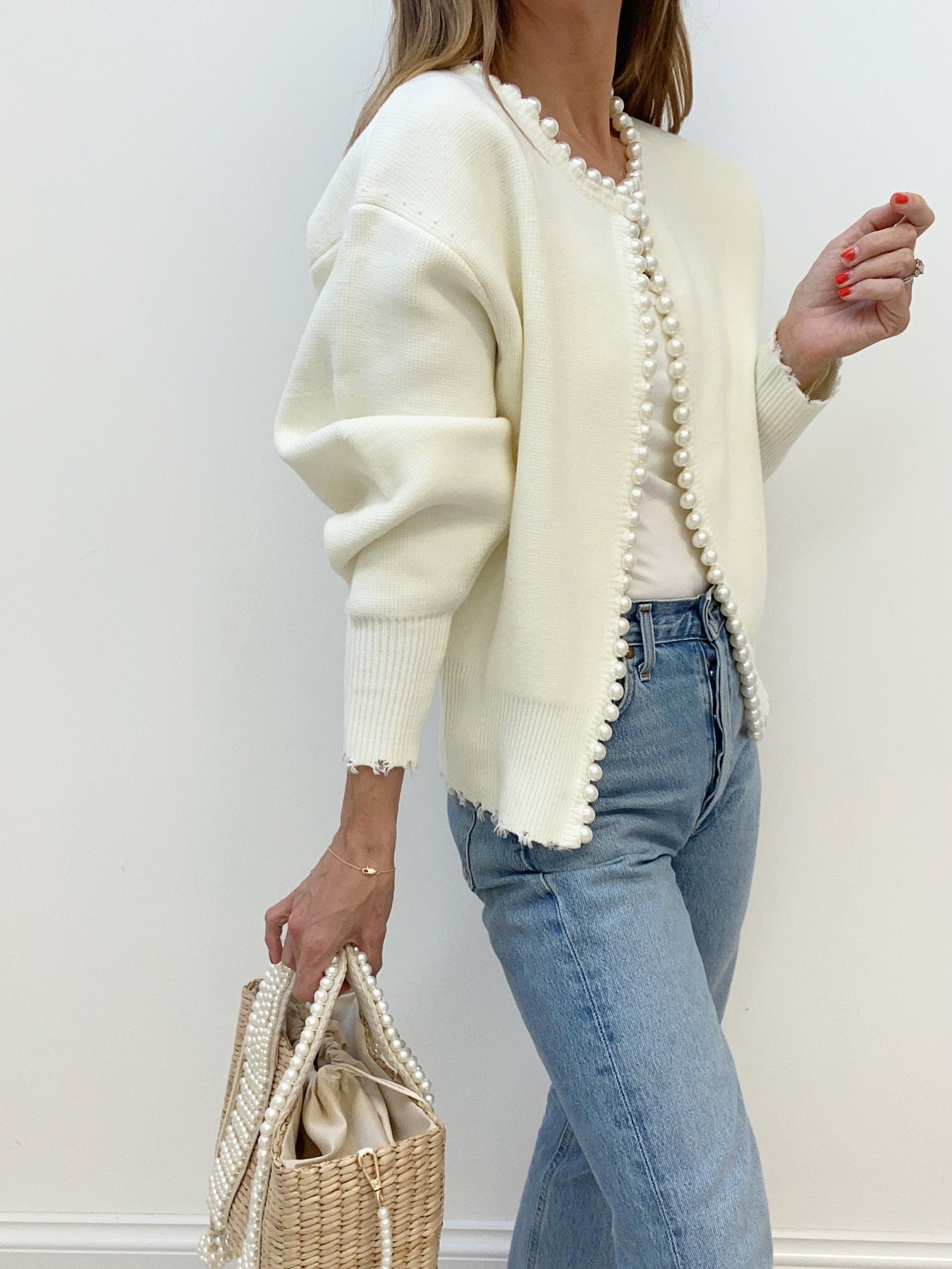 Cardigan Liseré Perles Ourlet Effiloché