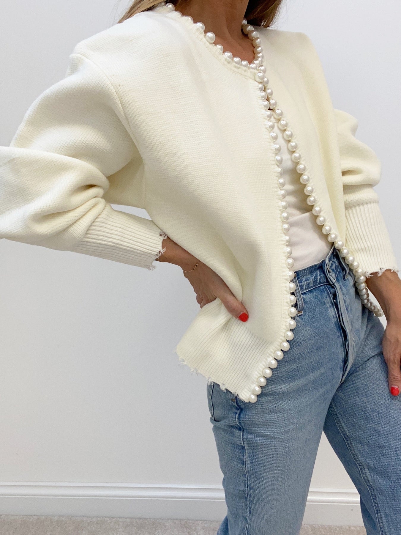 Cardigan Liseré Perles Ourlet Effiloché