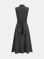 Robe Mi-longue Sans Manches Col Rayures Taille Nouée