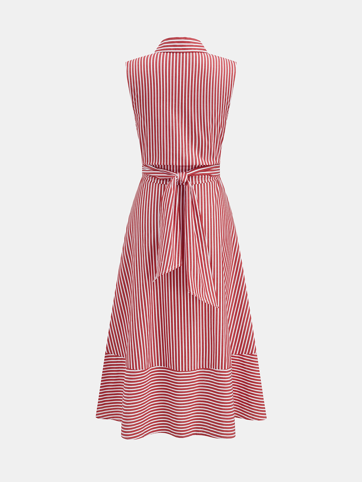 Robe Mi-longue Sans Manches Col Rayures Taille Nouée