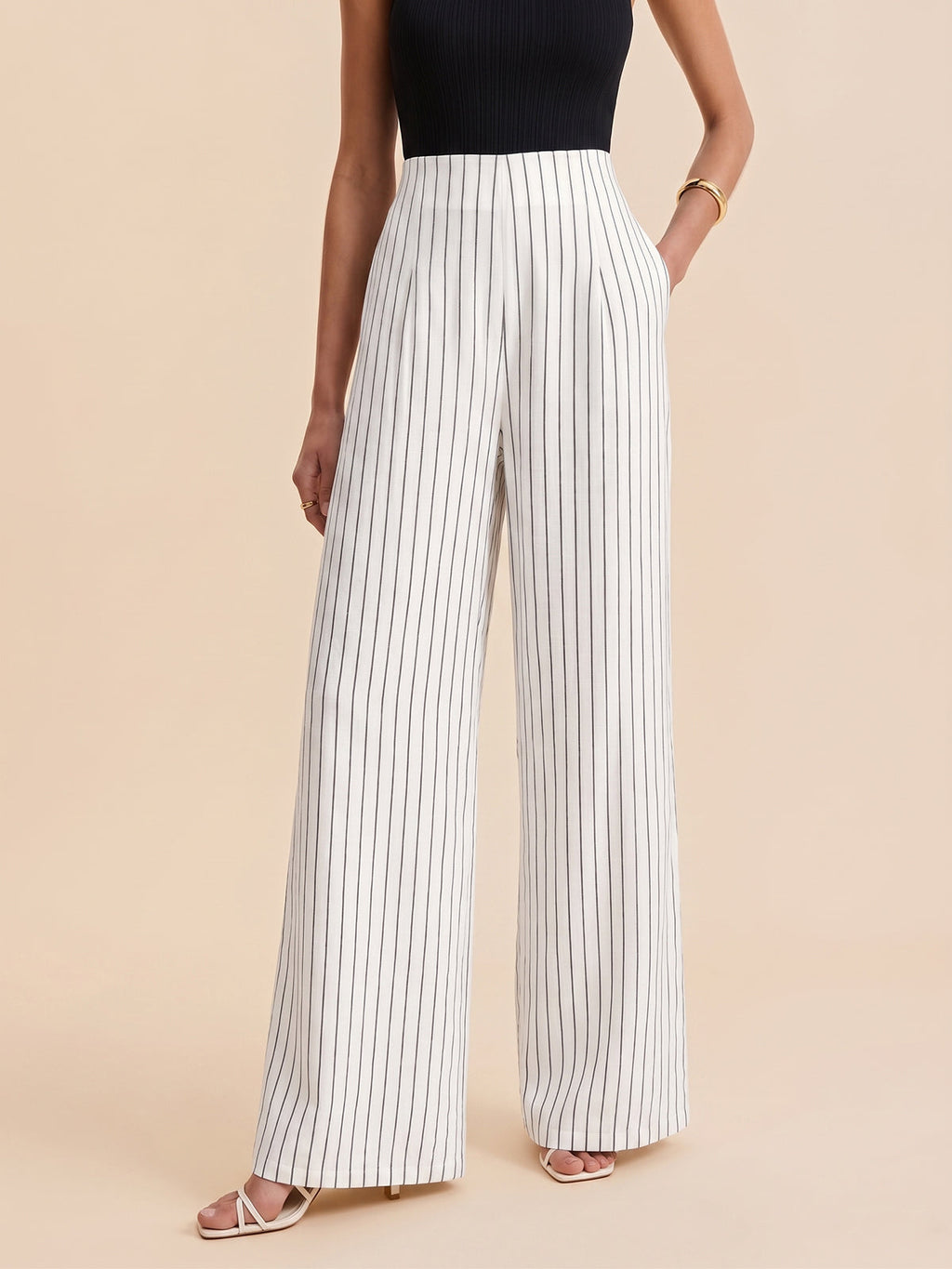 Pantalon Large Coton-Lin À Rayures