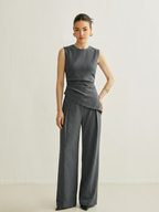 Ensemble Top Asymétrique Sans Manches & Pantalon Plissé
