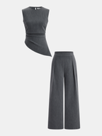 Ensemble Top Asymétrique Sans Manches & Pantalon Plissé