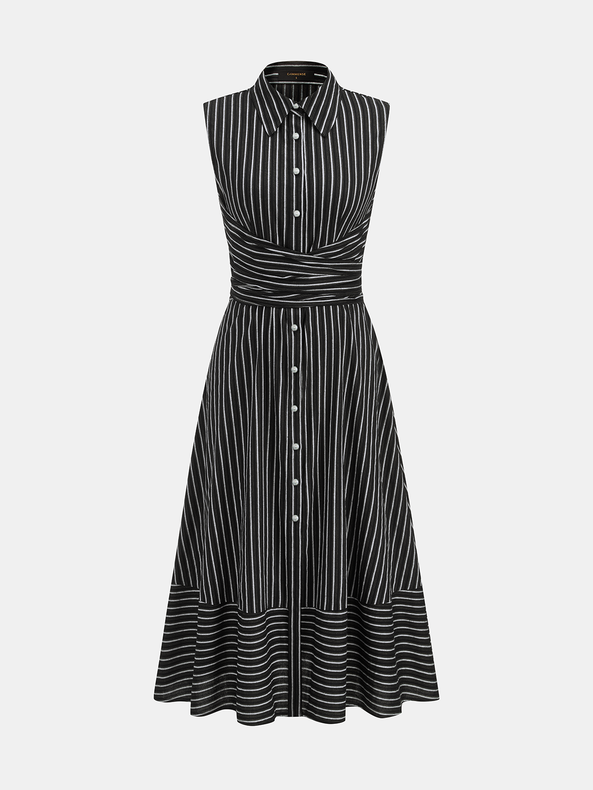 Robe Mi-longue Sans Manches Col Rayures Taille Nouée