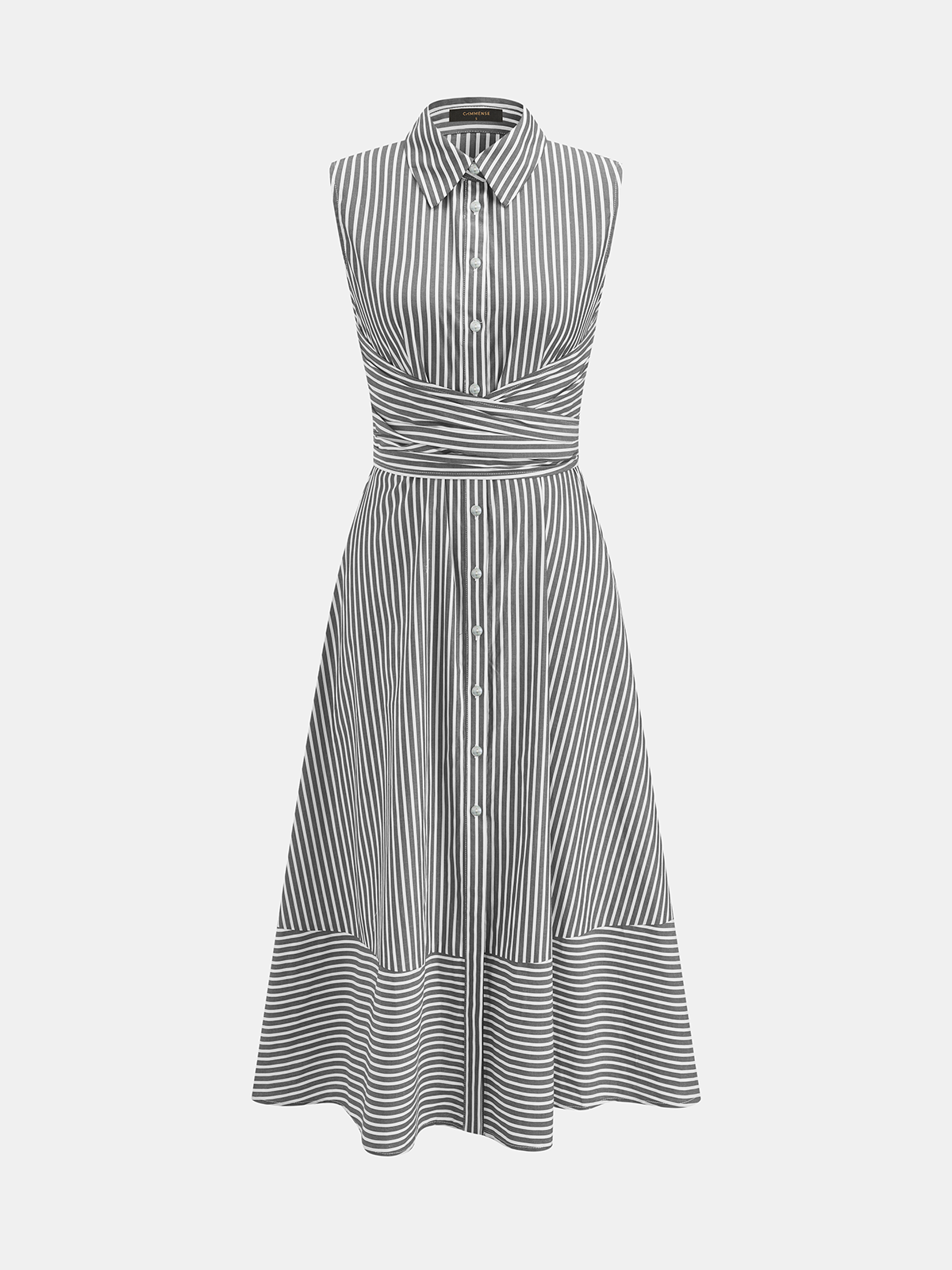 Robe Mi-longue Sans Manches Col Rayures Taille Nouée