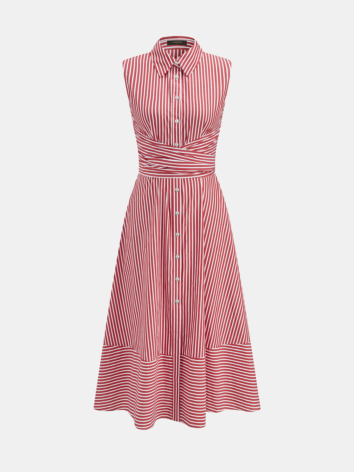 Robe Mi-longue Sans Manches Col Rayures Taille Nouée