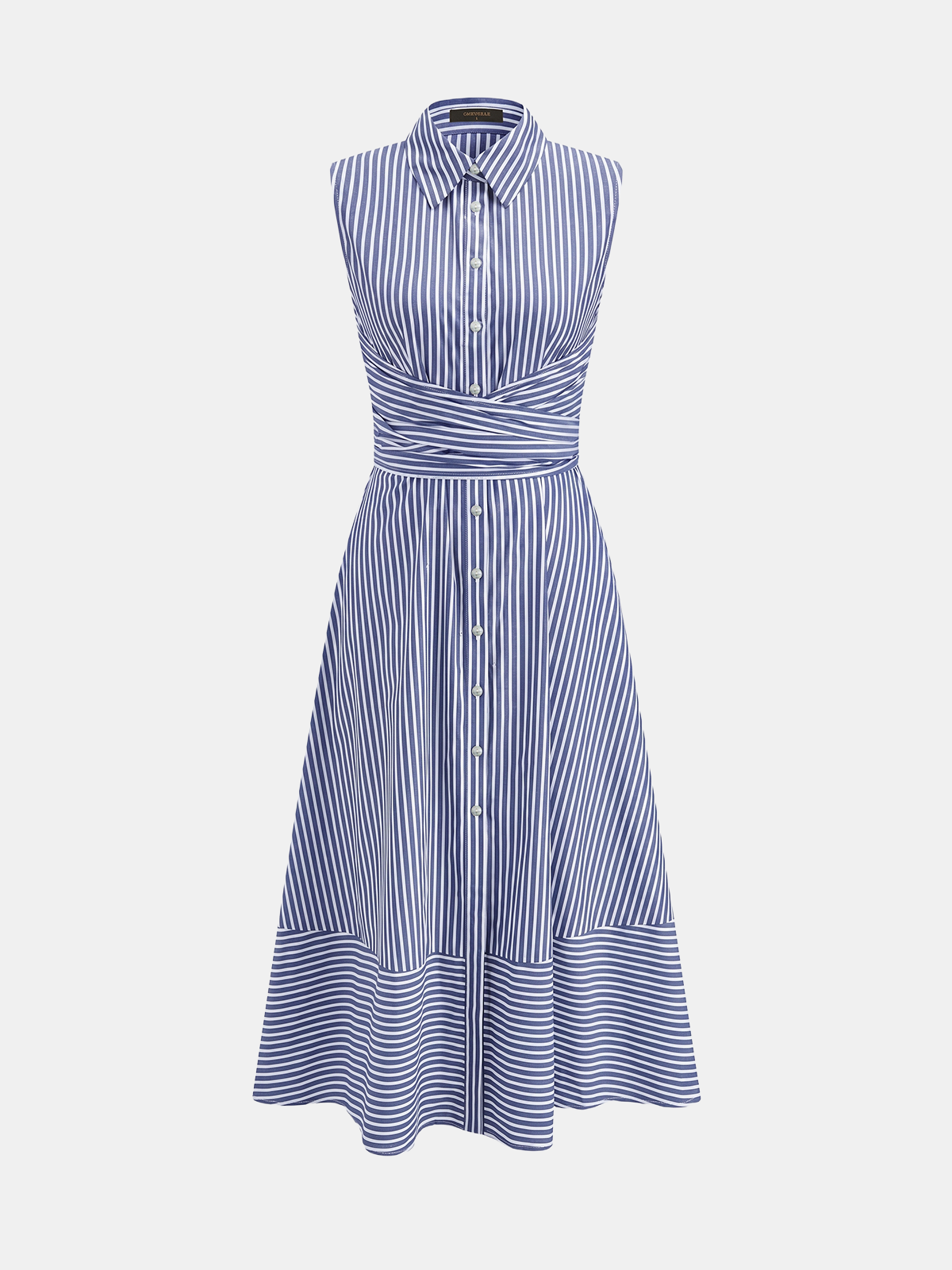 Robe Mi-longue Sans Manches Col Rayures Taille Nouée