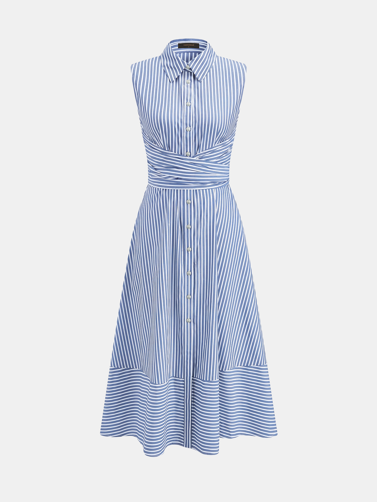 Robe Mi-longue Sans Manches Col Rayures Taille Nouée