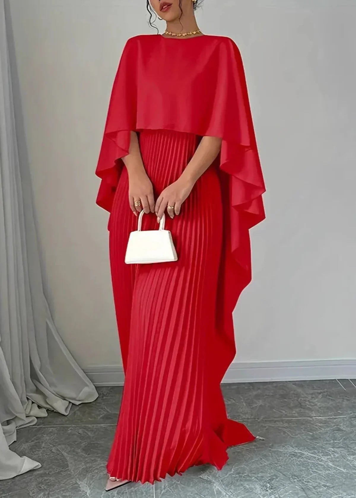 Élégante Robe Longue Plissée Femme avec Cape pour Été