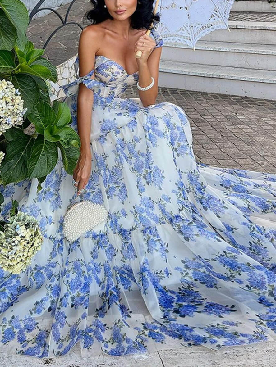 Robe longue imprimé à fleurie mousseline Bleu