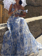 Robe longue imprimé à fleurie mousseline Bleu