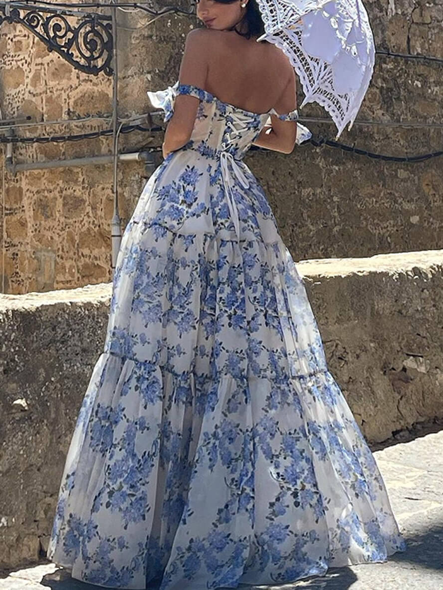 Robe longue imprimé à fleurie mousseline Bleu