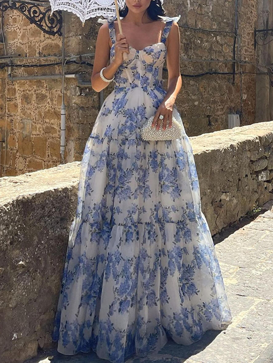 Robe longue imprimé à fleurie mousseline Bleu