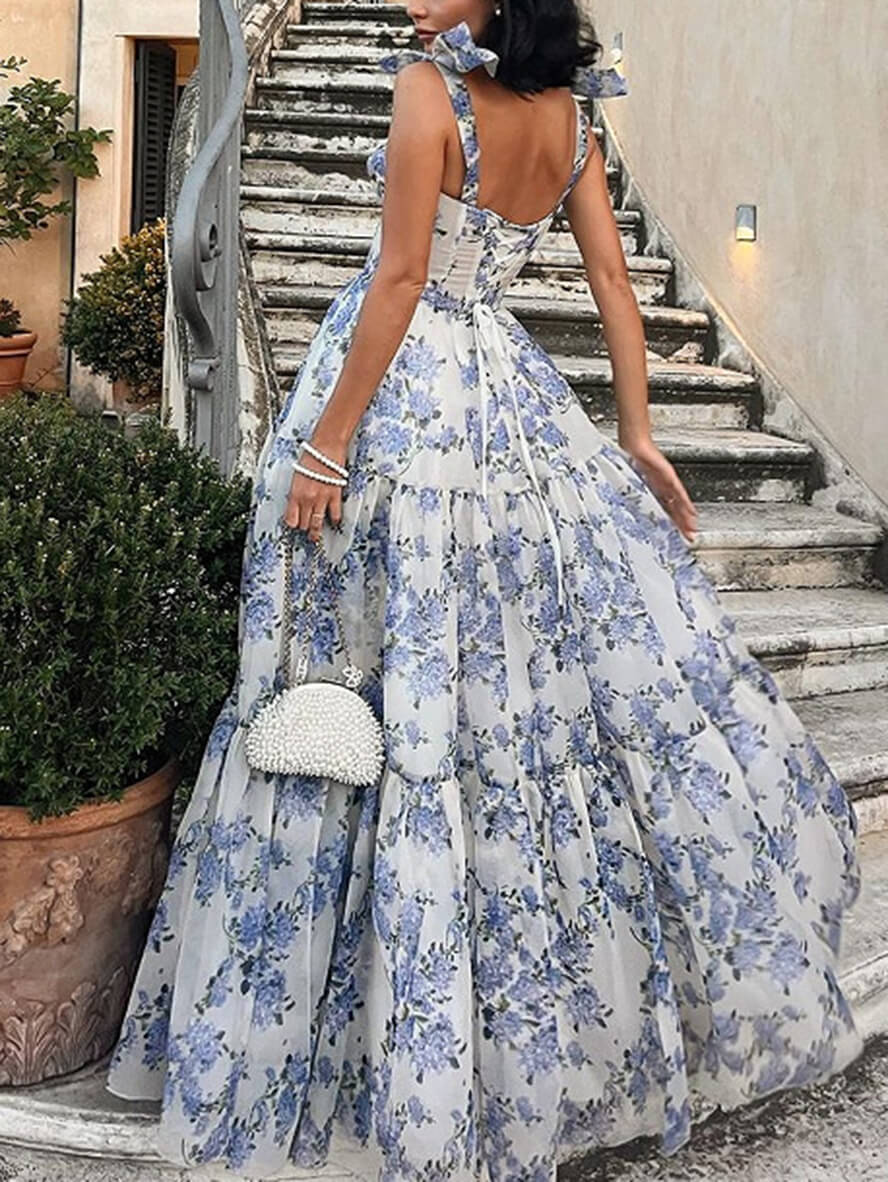 Robe longue imprimé à fleurie mousseline Bleu