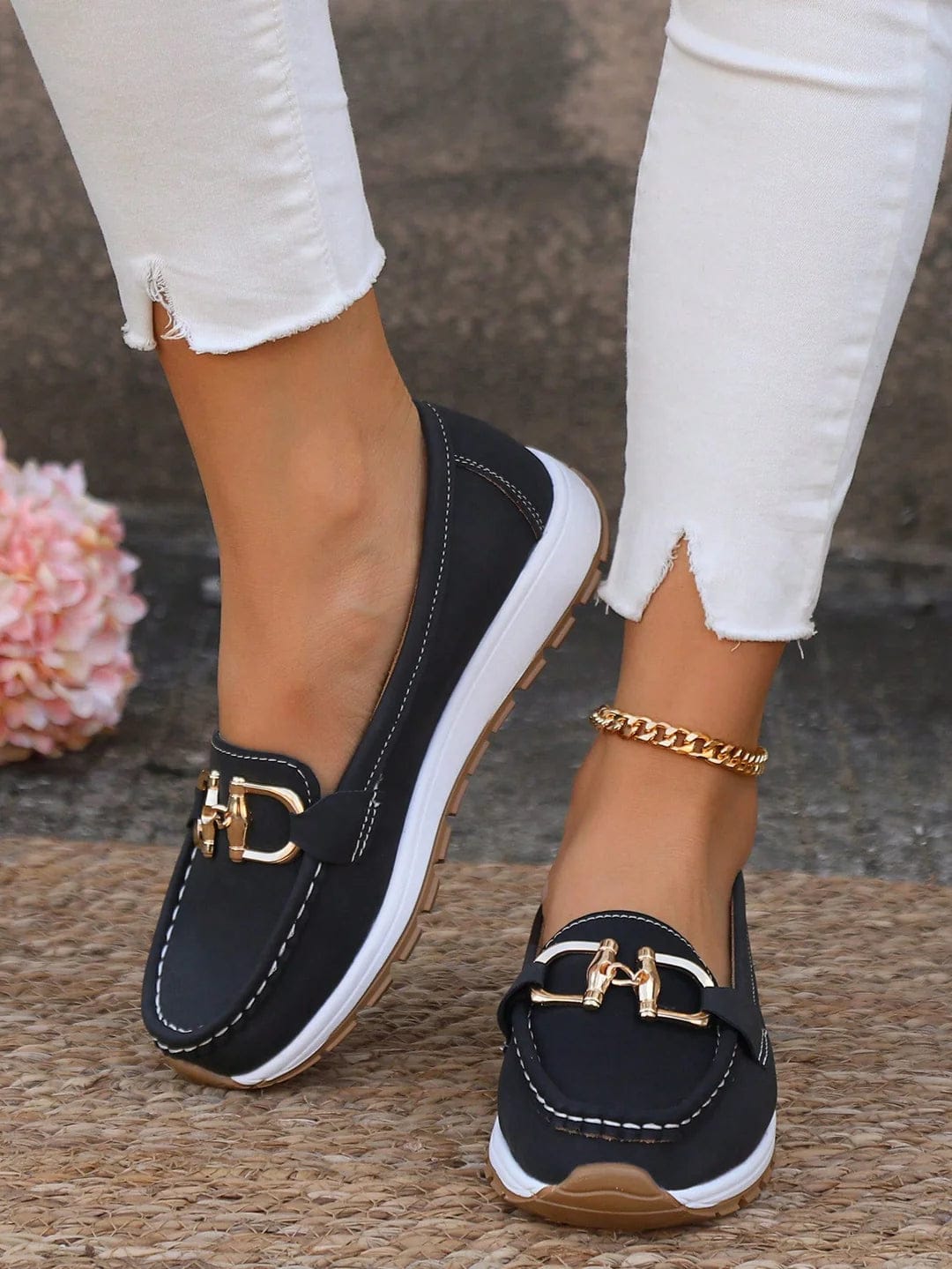 Élégants Mocassins Femme à Chaîne Noir