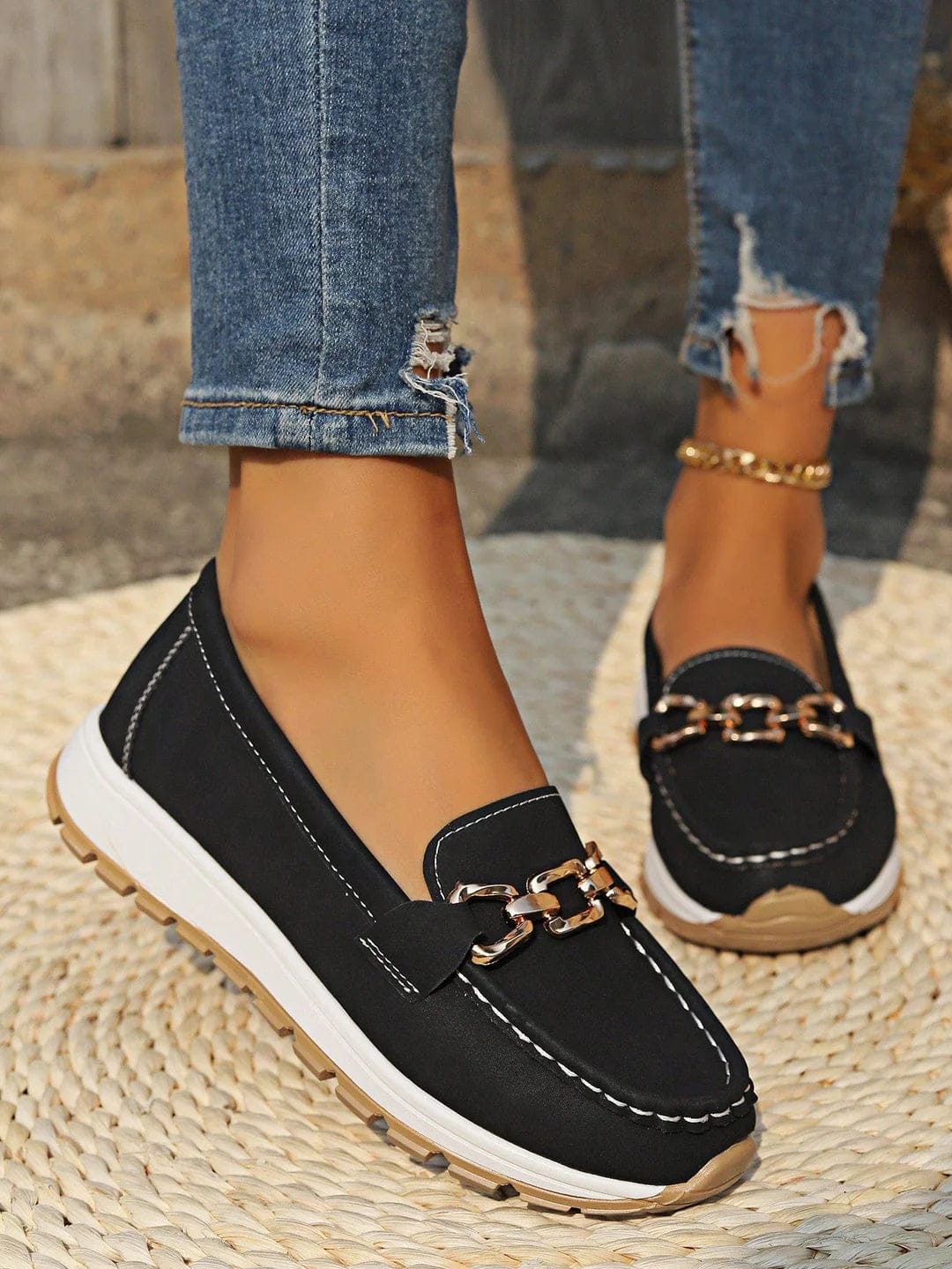 Élégants Mocassins Femme à Chaîne Noir