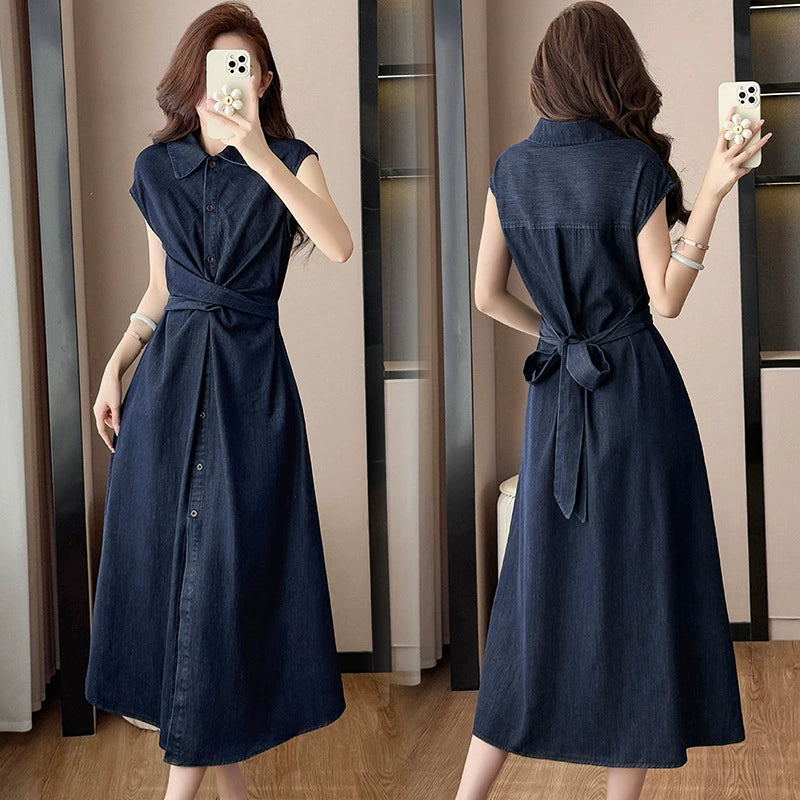 Robe chemise mi-longue à taille torsadée