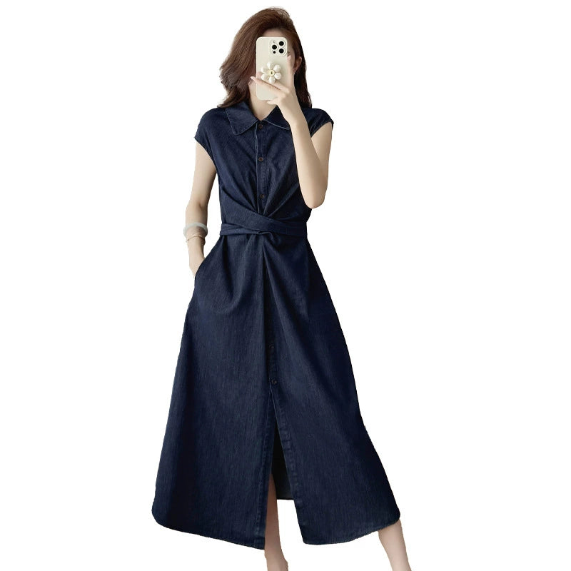 Robe chemise mi-longue à taille torsadée