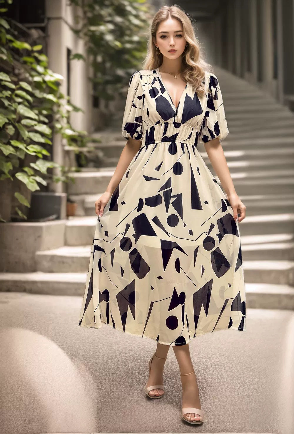 Élégante Robe Mi-longue Fleurie Femme Chic
