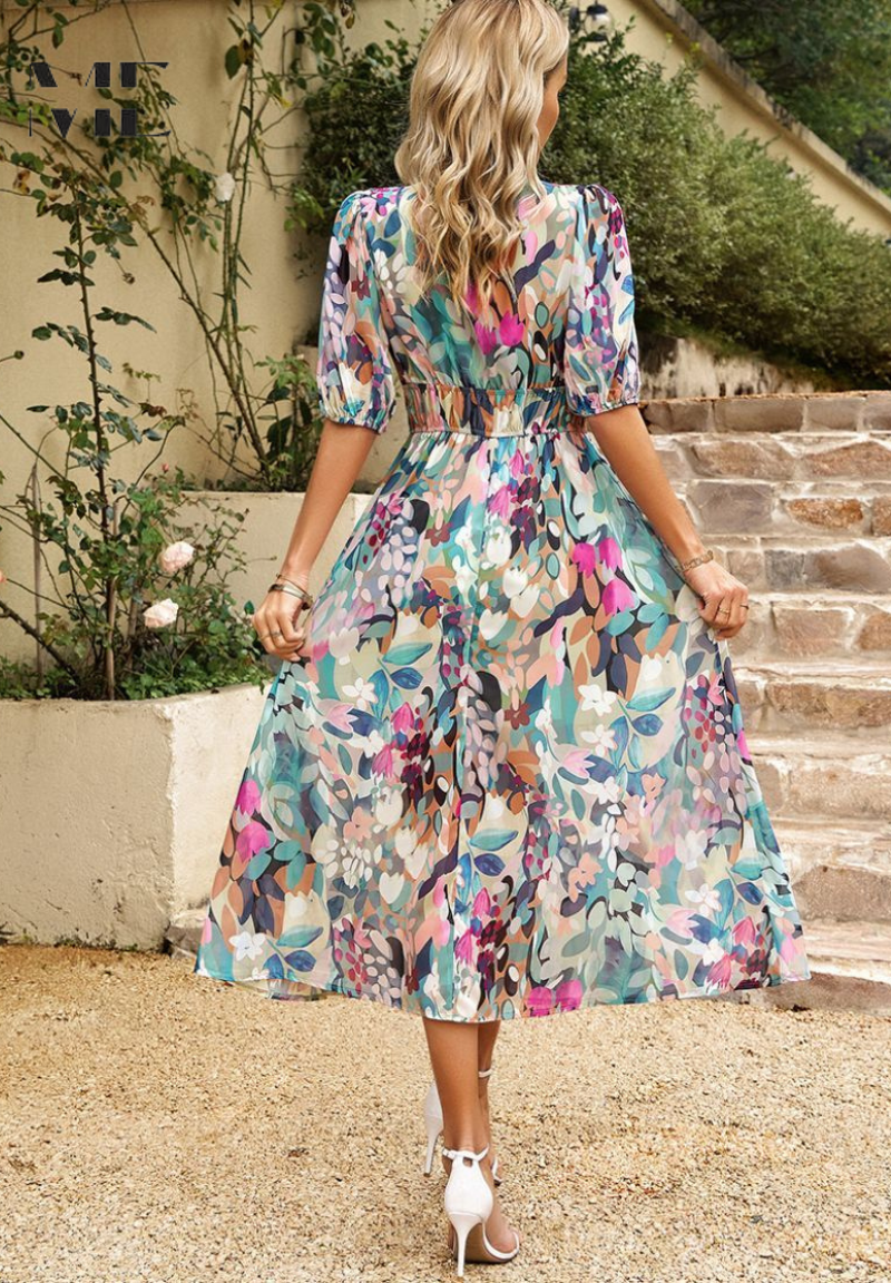 Élégante Robe Mi-longue Fleurie Femme Chic