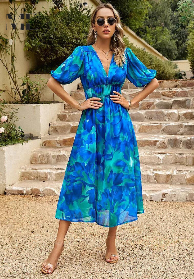 Élégante Robe Mi-longue Fleurie Femme Chic