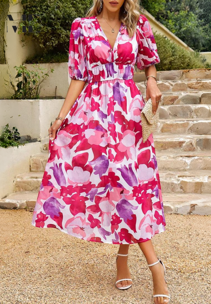 Élégante Robe Mi-longue Fleurie Femme Chic