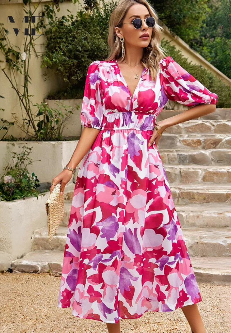 Élégante Robe Mi-longue Fleurie Femme Chic