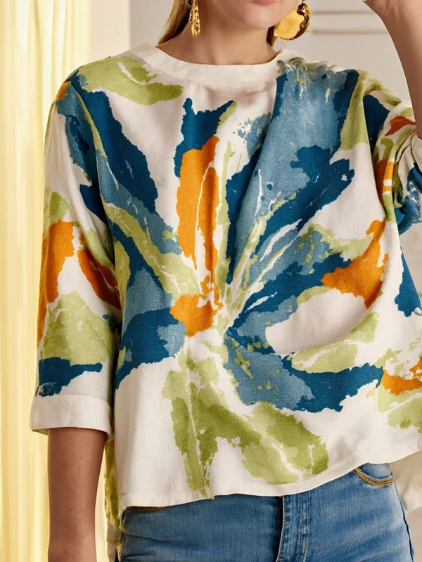 T-shirt ample boutonné imprimé fleur col rond