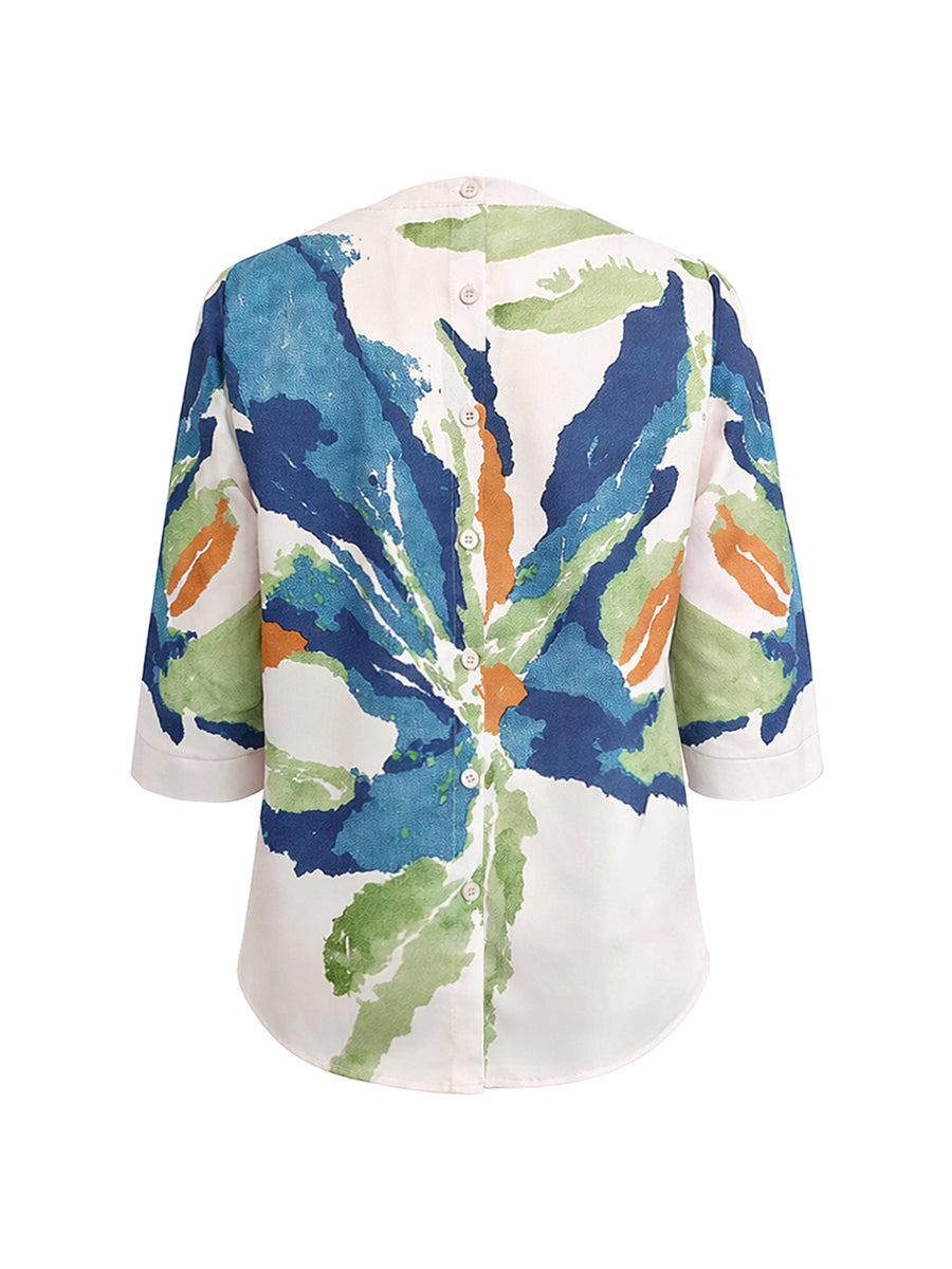 T-shirt ample boutonné imprimé fleur col rond