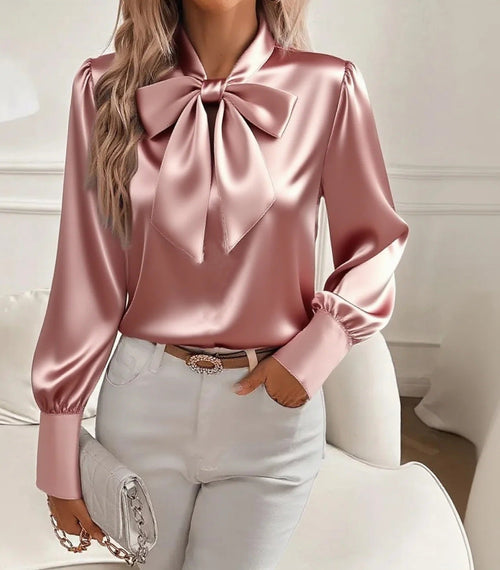 Blouse Satinée avec Détail Nœud de Luxe