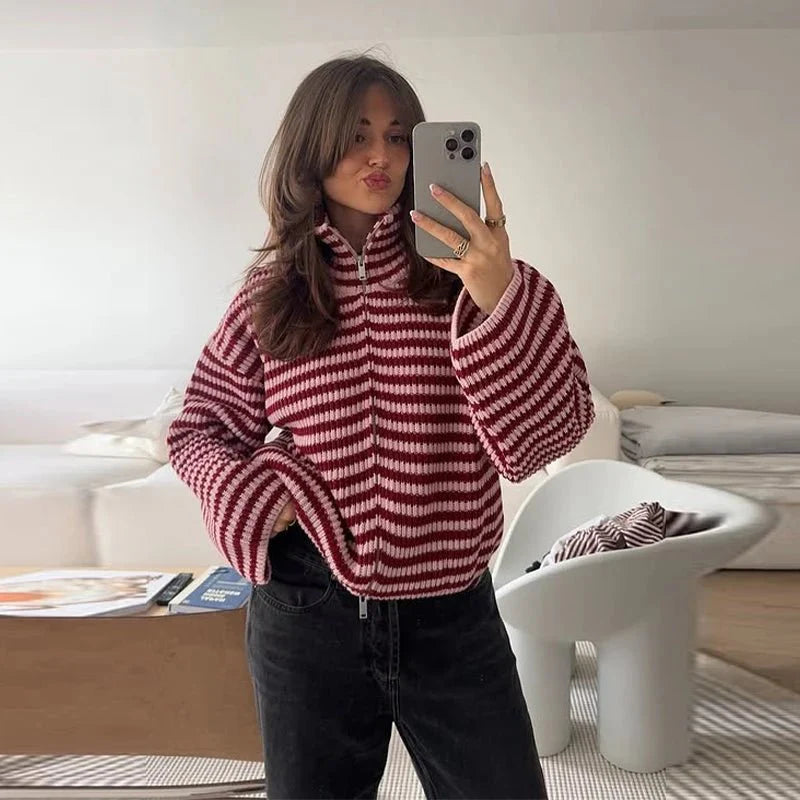 Pull zippé en maille Rouge