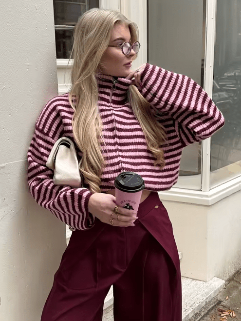Pull zippé en maille Rouge